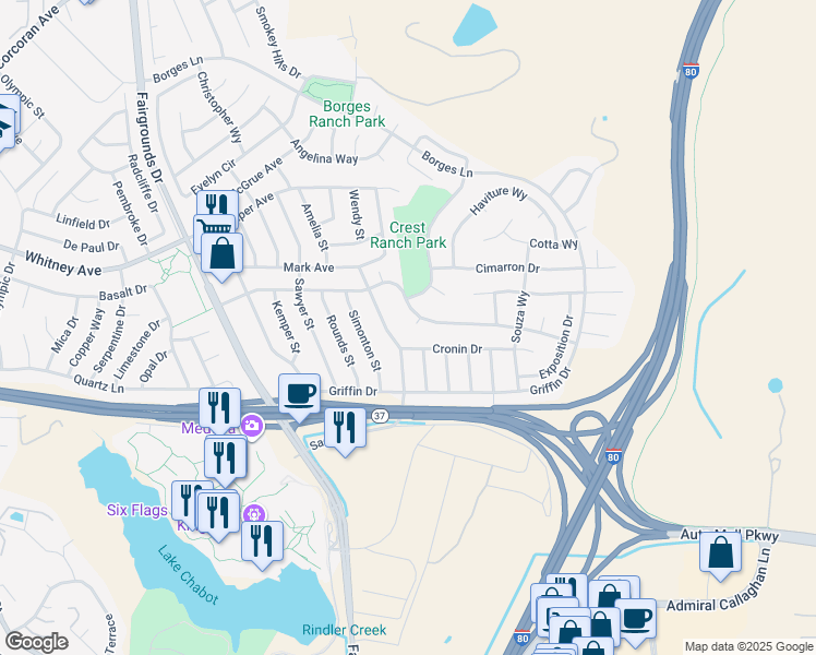 map of restaurants, bars, coffee shops, grocery stores, and more near 165 Arabian Court in Vallejo