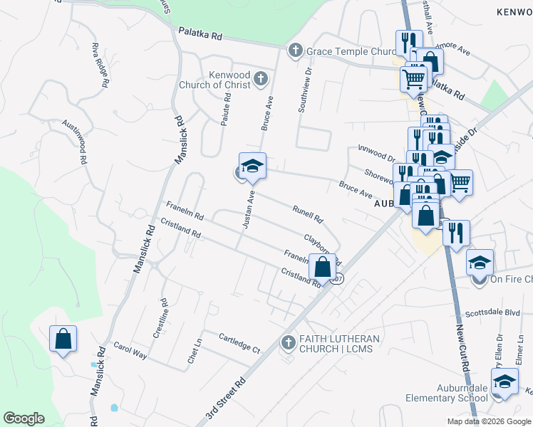 map of restaurants, bars, coffee shops, grocery stores, and more near 1042 Clayborne Road in Louisville