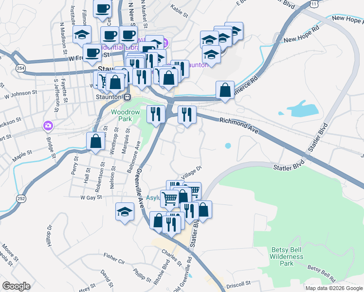 map of restaurants, bars, coffee shops, grocery stores, and more near 108 West Village Drive in Staunton