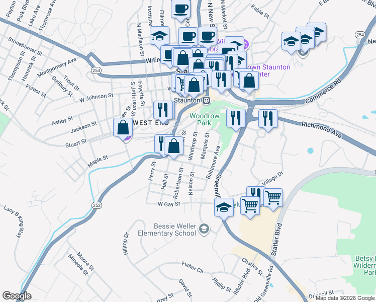 map of restaurants, bars, coffee shops, grocery stores, and more near 606 Winthrop Street in Staunton