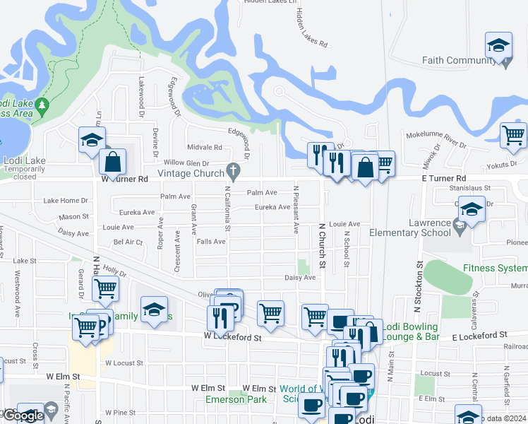 map of restaurants, bars, coffee shops, grocery stores, and more near 360 Eureka Avenue in Lodi