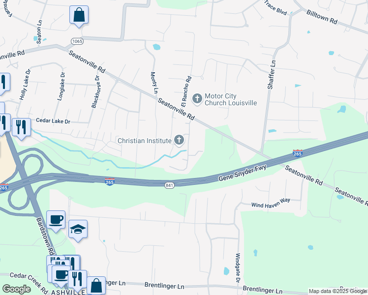 map of restaurants, bars, coffee shops, grocery stores, and more near 11008 Brook Run Drive in Louisville