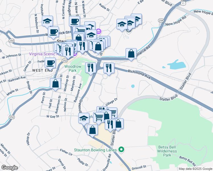 map of restaurants, bars, coffee shops, grocery stores, and more near 101 West Village Drive in Staunton