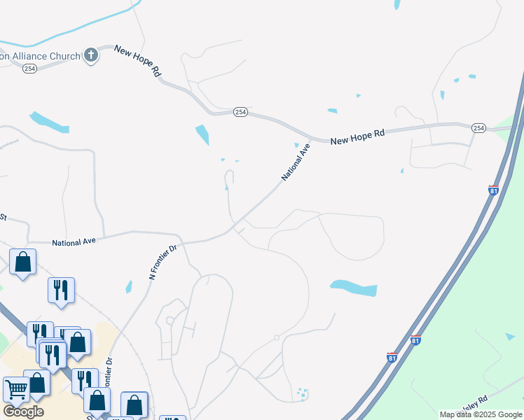map of restaurants, bars, coffee shops, grocery stores, and more near 354 National Avenue in Staunton