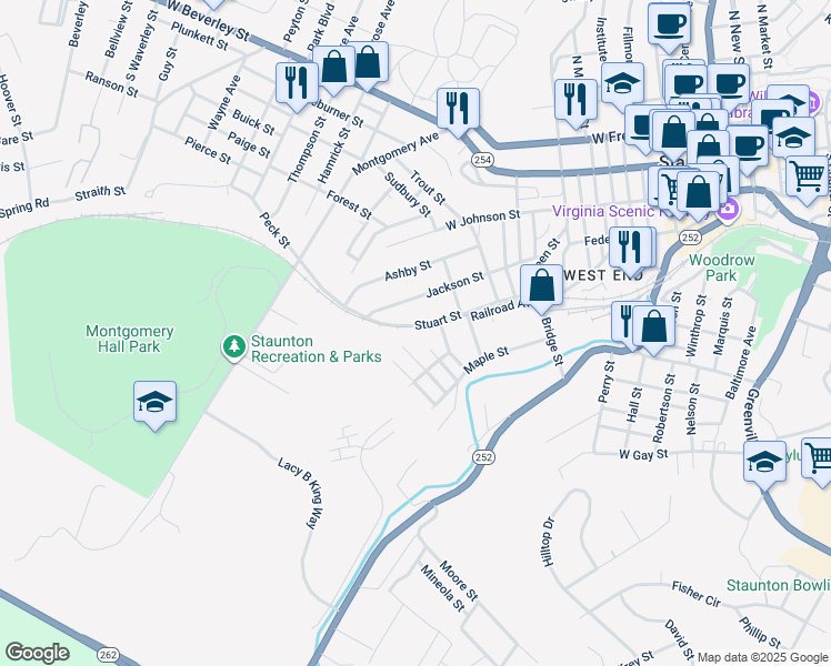 map of restaurants, bars, coffee shops, grocery stores, and more near 419 Tannehill Street in Staunton