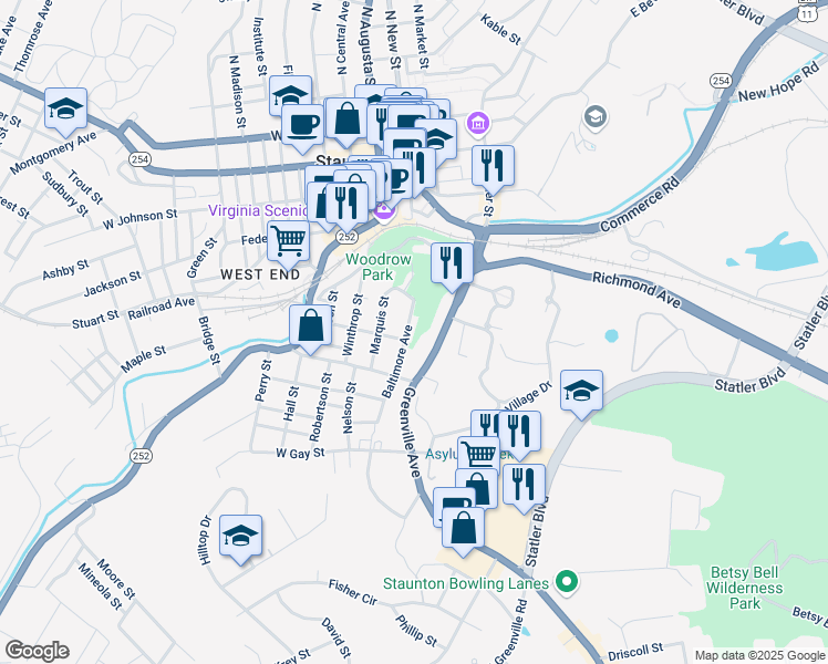map of restaurants, bars, coffee shops, grocery stores, and more near 422 Greenville Ave in Staunton