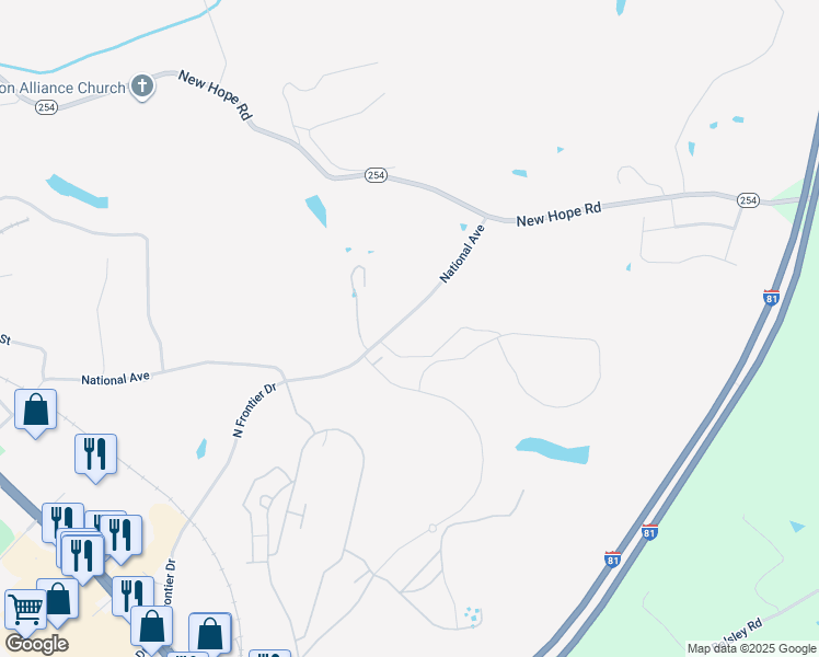 map of restaurants, bars, coffee shops, grocery stores, and more near 354 National Avenue in Staunton