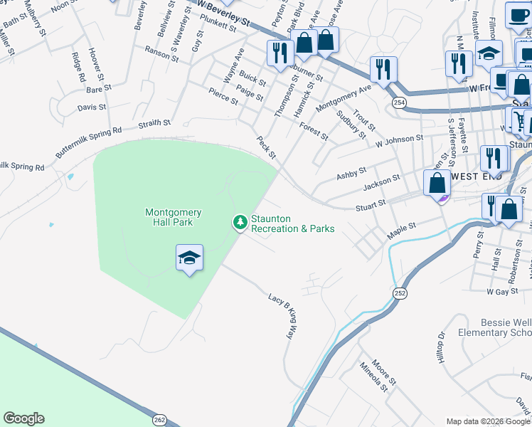 map of restaurants, bars, coffee shops, grocery stores, and more near 1107 Montgomery Avenue in Staunton