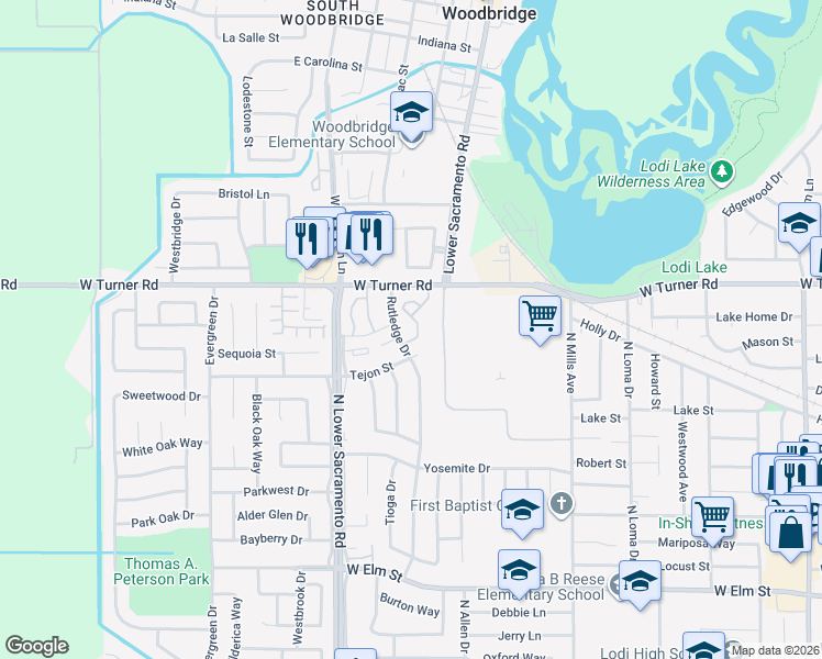 map of restaurants, bars, coffee shops, grocery stores, and more near 740 Rutledge Drive in Lodi