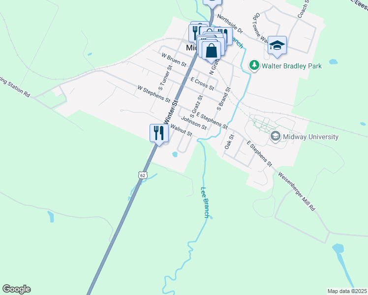 map of restaurants, bars, coffee shops, grocery stores, and more near 405 South Gratz Street in Midway