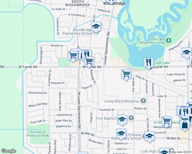 map of restaurants, bars, coffee shops, grocery stores, and more near 2338 West Turner Road in Lodi