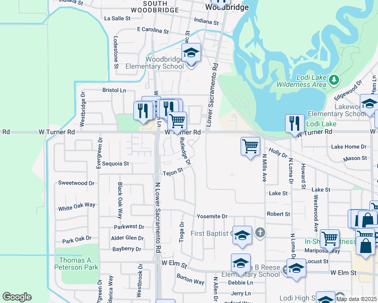 map of restaurants, bars, coffee shops, grocery stores, and more near 2338 West Turner Road in Lodi