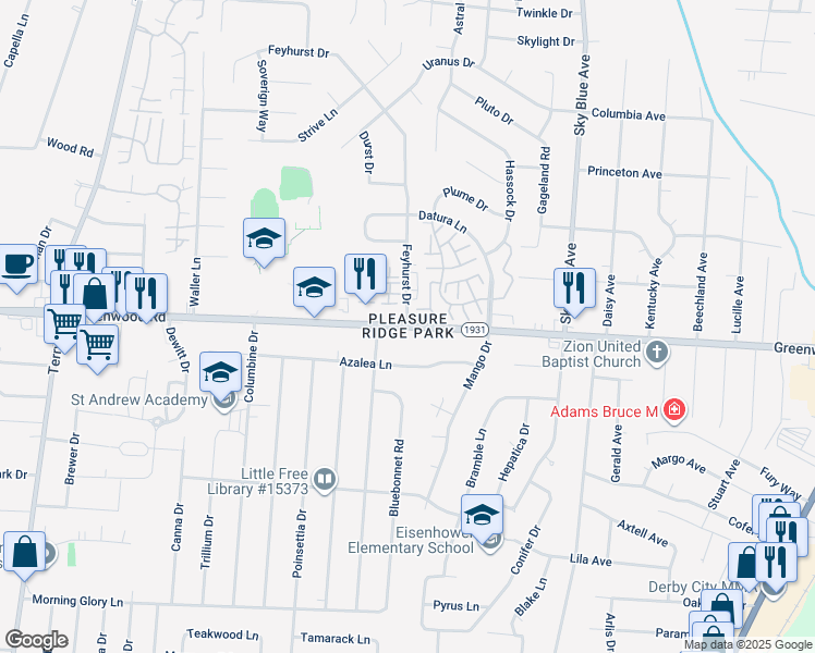 map of restaurants, bars, coffee shops, grocery stores, and more near in Louisville