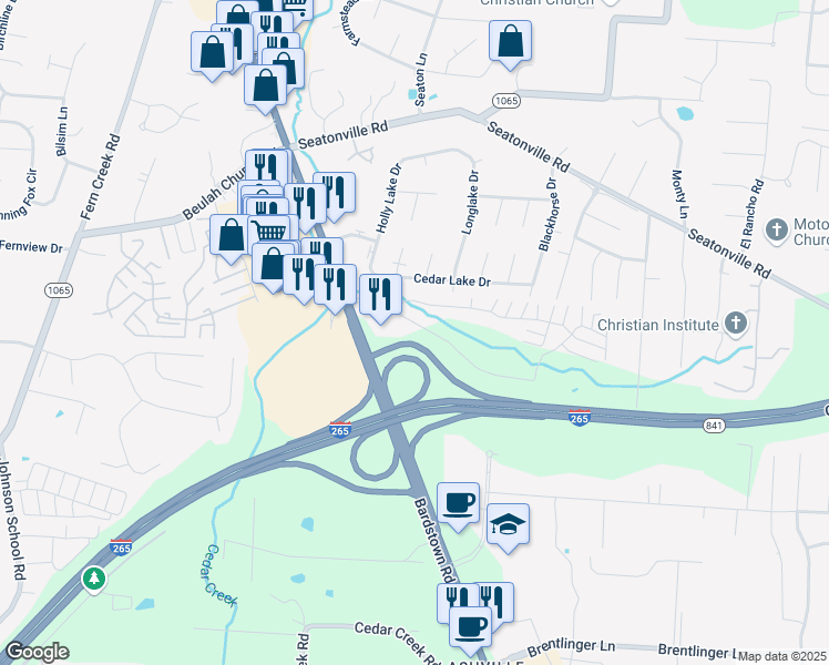 map of restaurants, bars, coffee shops, grocery stores, and more near 10200 Brookridge Village Boulevard in Louisville