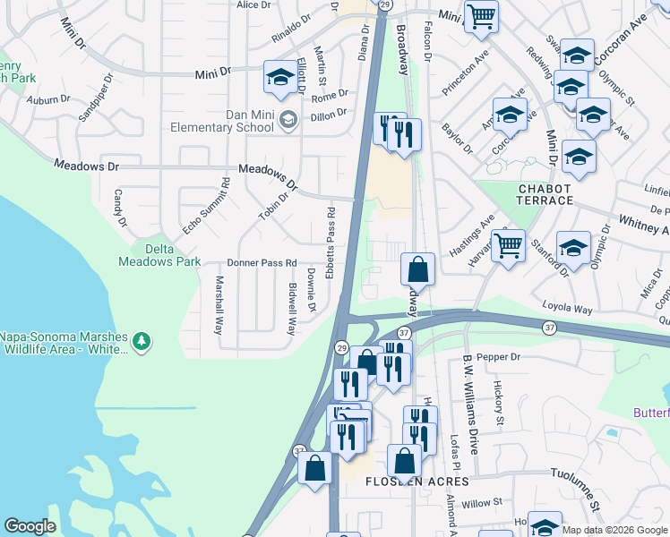 map of restaurants, bars, coffee shops, grocery stores, and more near 1501 Donner Pass Road in Vallejo
