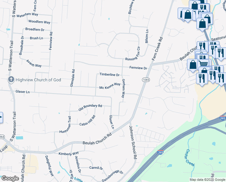 map of restaurants, bars, coffee shops, grocery stores, and more near 7106 McKenna Court in Louisville