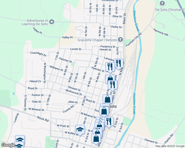 map of restaurants, bars, coffee shops, grocery stores, and more near 501 Fletcher Street in De Soto