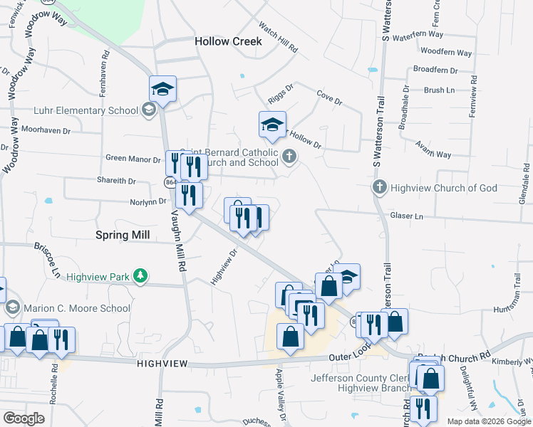 map of restaurants, bars, coffee shops, grocery stores, and more near 7409 Fegenbush Lane in Louisville