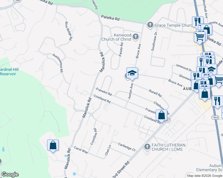 map of restaurants, bars, coffee shops, grocery stores, and more near 7509 Merlyn Circle in Louisville
