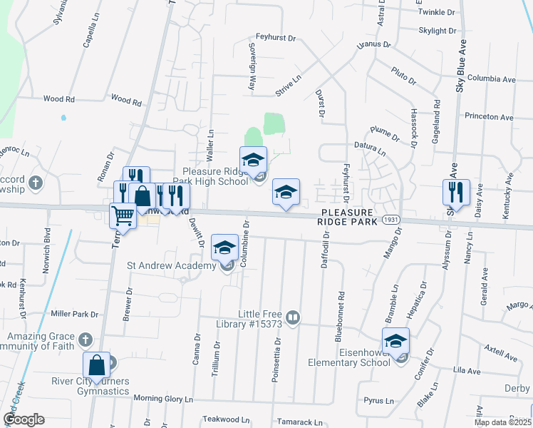 map of restaurants, bars, coffee shops, grocery stores, and more near 5901 Greenwood Road in Louisville