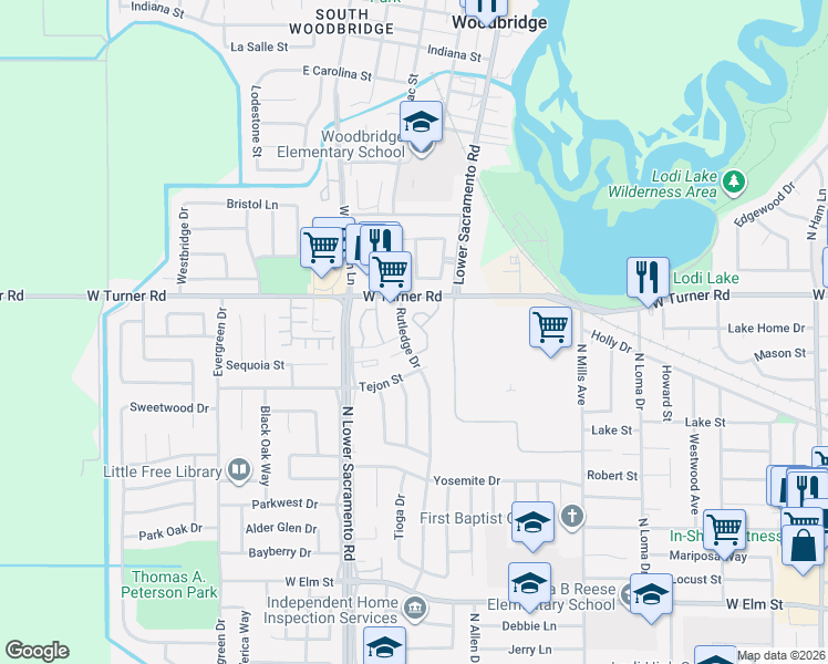 map of restaurants, bars, coffee shops, grocery stores, and more near 2338 West Turner Road in Lodi