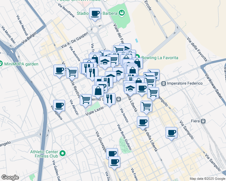 map of restaurants, bars, coffee shops, grocery stores, and more near 12 Via Sicilia in Palermo