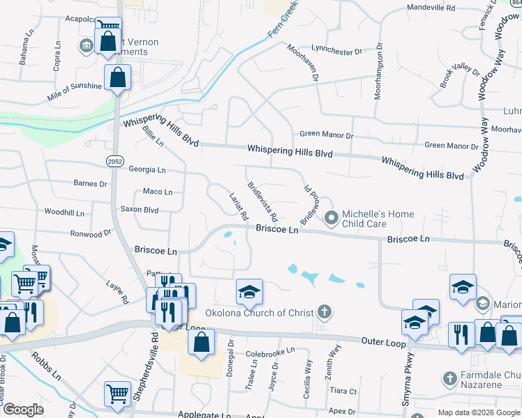 map of restaurants, bars, coffee shops, grocery stores, and more near 7902 Bridlevista Road in Louisville