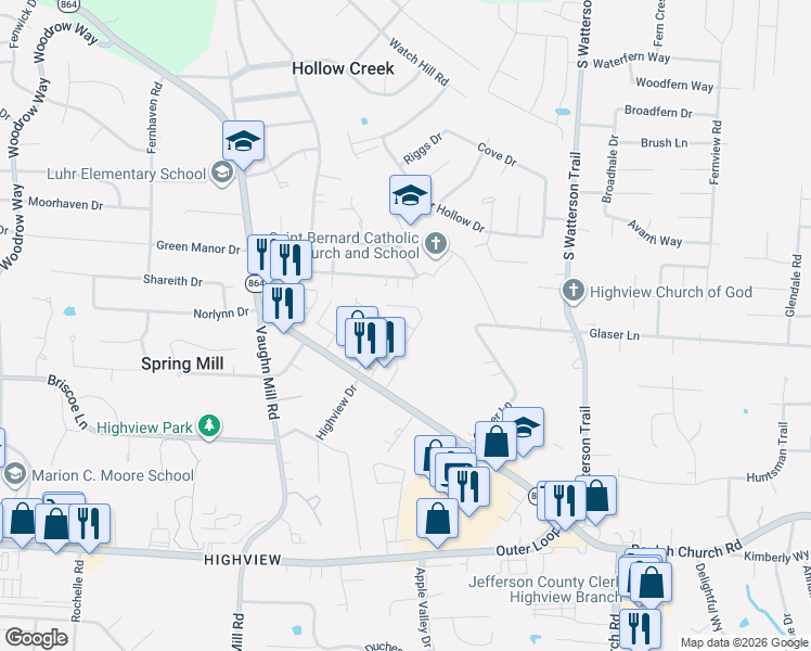 map of restaurants, bars, coffee shops, grocery stores, and more near 7715 Oakfields Pointe Road in Louisville