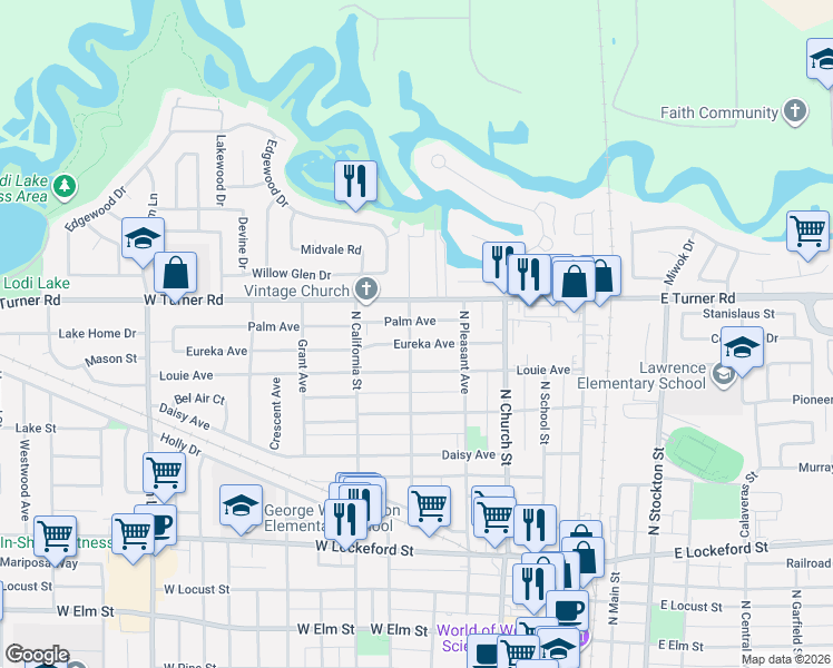 map of restaurants, bars, coffee shops, grocery stores, and more near 334 Palm Avenue in Lodi