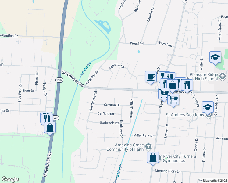 map of restaurants, bars, coffee shops, grocery stores, and more near 6809 Greenwood Road in Louisville