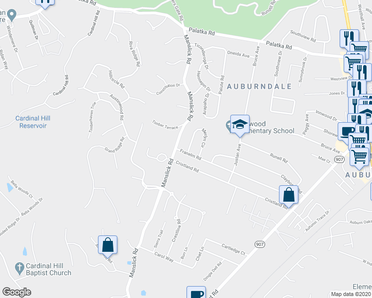 map of restaurants, bars, coffee shops, grocery stores, and more near 7548 Merlyn Circle in Louisville
