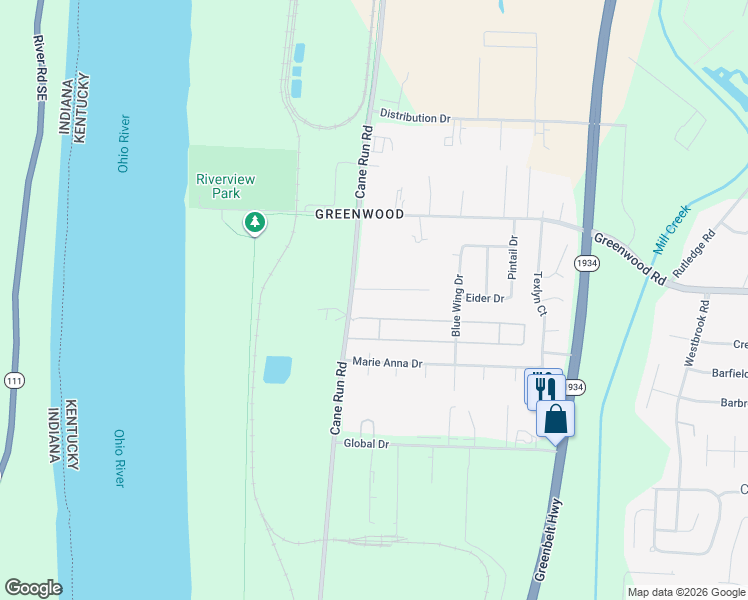 map of restaurants, bars, coffee shops, grocery stores, and more near 7409 Cane Run Road in Louisville