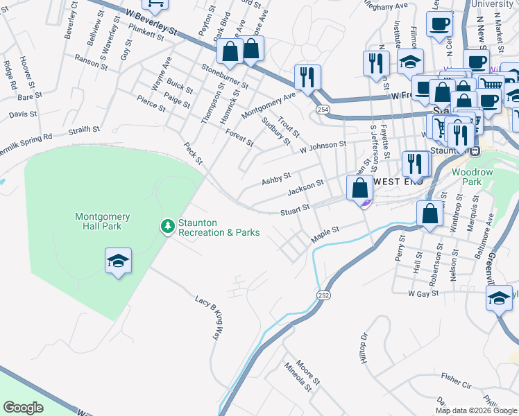 map of restaurants, bars, coffee shops, grocery stores, and more near 1203 Stuart Street in Staunton