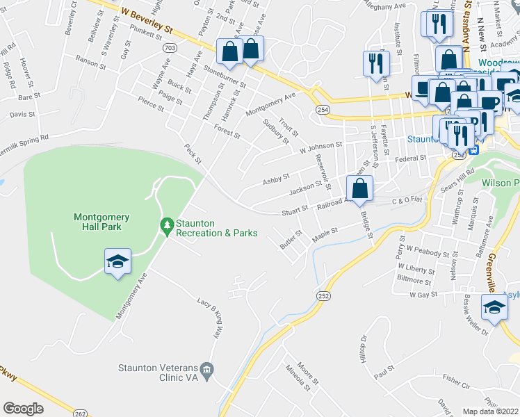 map of restaurants, bars, coffee shops, grocery stores, and more near 1203 Stuart Street in Staunton