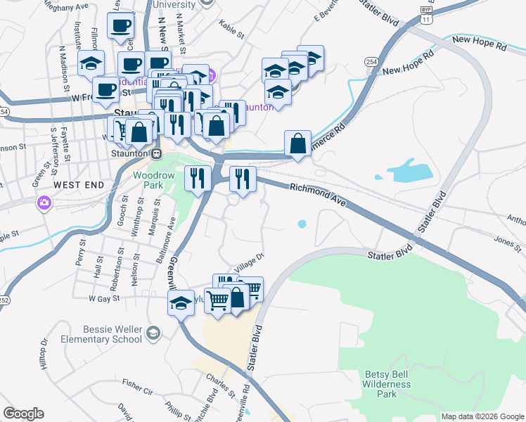 map of restaurants, bars, coffee shops, grocery stores, and more near 104 Village Drive in Staunton