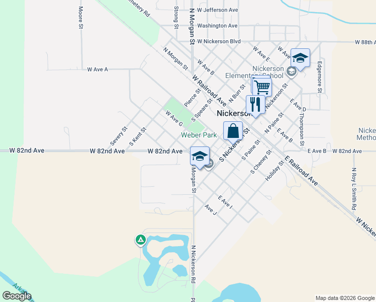 map of restaurants, bars, coffee shops, grocery stores, and more near 199 West Avenue H in Nickerson