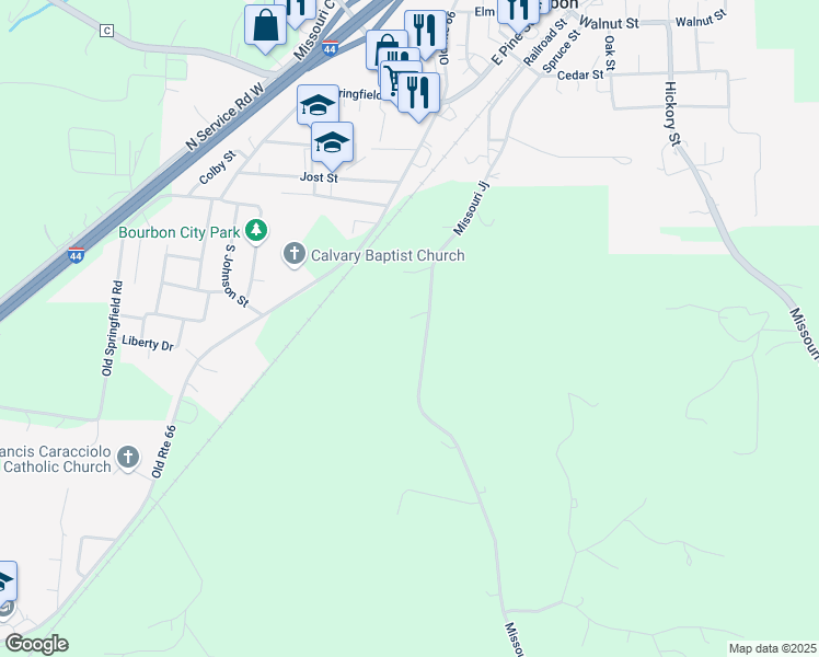 map of restaurants, bars, coffee shops, grocery stores, and more near 4684 Highway Jj in Bourbon