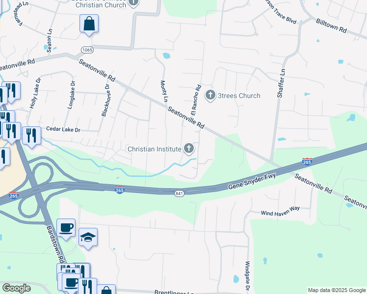 map of restaurants, bars, coffee shops, grocery stores, and more near 6821 Seaton Woods Drive in Louisville