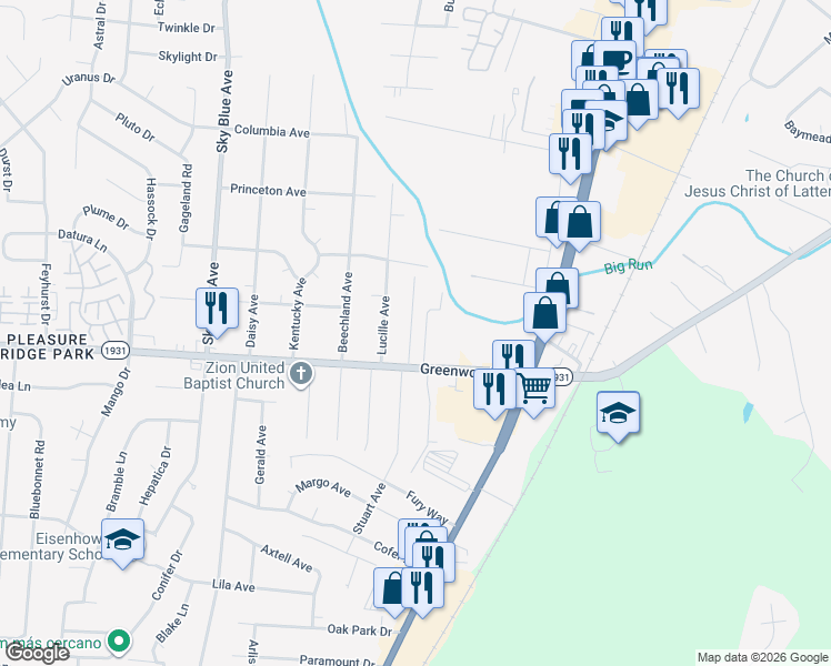 map of restaurants, bars, coffee shops, grocery stores, and more near 7319 Browns Lane in Louisville