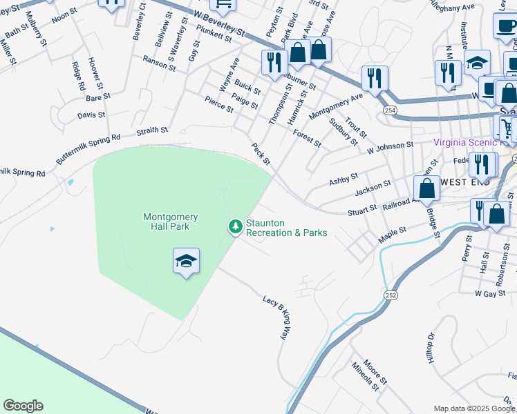 map of restaurants, bars, coffee shops, grocery stores, and more near 1001 Montgomery Avenue in Staunton
