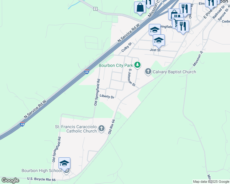 map of restaurants, bars, coffee shops, grocery stores, and more near 930 Liberty Drive in Bourbon