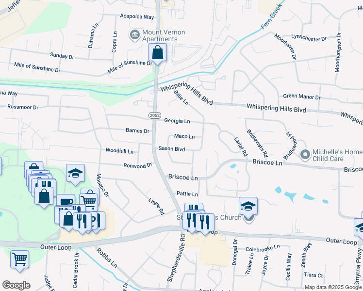 map of restaurants, bars, coffee shops, grocery stores, and more near 5522 Maco Lane in Louisville