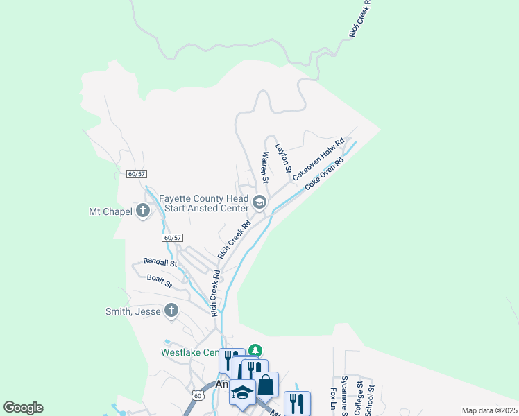map of restaurants, bars, coffee shops, grocery stores, and more near County Route 60/3 in Ansted