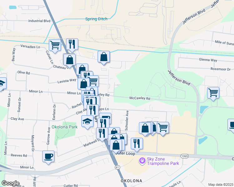 map of restaurants, bars, coffee shops, grocery stores, and more near 1241 McCawley Road in Louisville