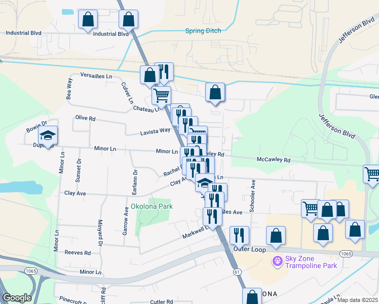 map of restaurants, bars, coffee shops, grocery stores, and more near 7312 Preston Highway in Louisville