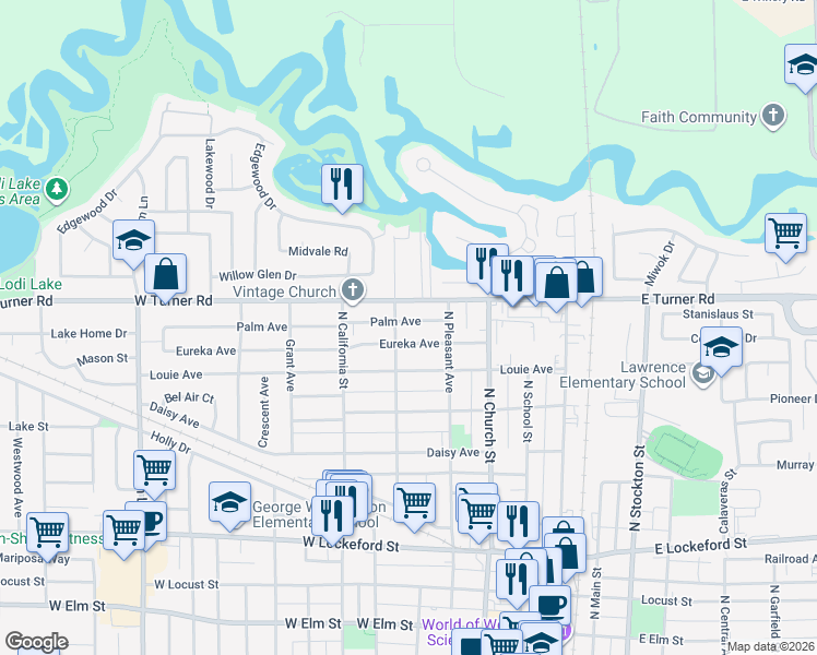 map of restaurants, bars, coffee shops, grocery stores, and more near 334 Palm Avenue in Lodi