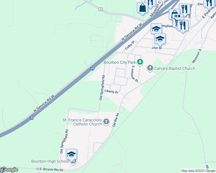 map of restaurants, bars, coffee shops, grocery stores, and more near 1030 Eden Street in Bourbon