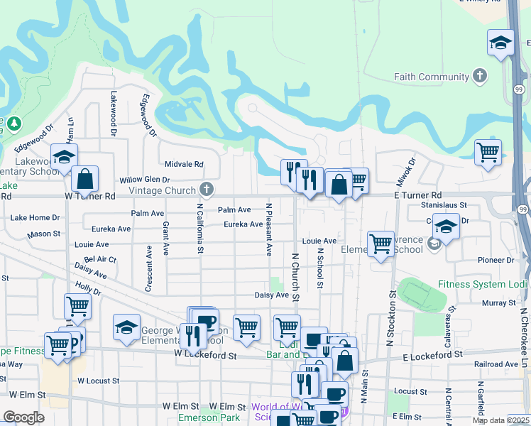 map of restaurants, bars, coffee shops, grocery stores, and more near 915 North Pleasant Avenue in Lodi