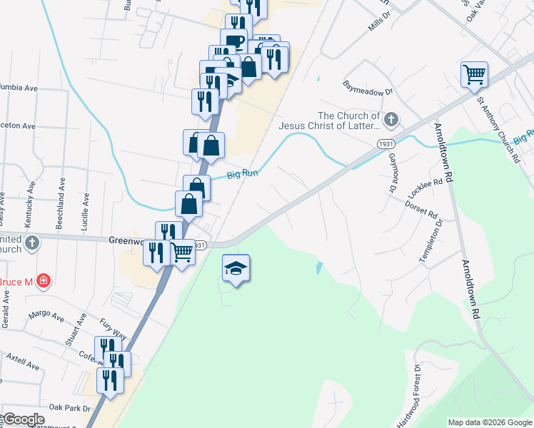 map of restaurants, bars, coffee shops, grocery stores, and more near 8210 Saint Andrews Church Road in Louisville