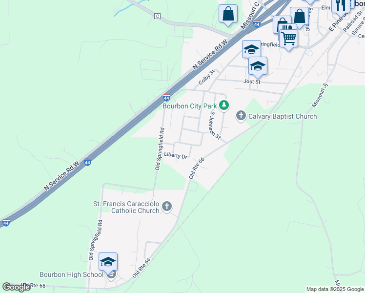 map of restaurants, bars, coffee shops, grocery stores, and more near 930 Liberty Drive in Bourbon